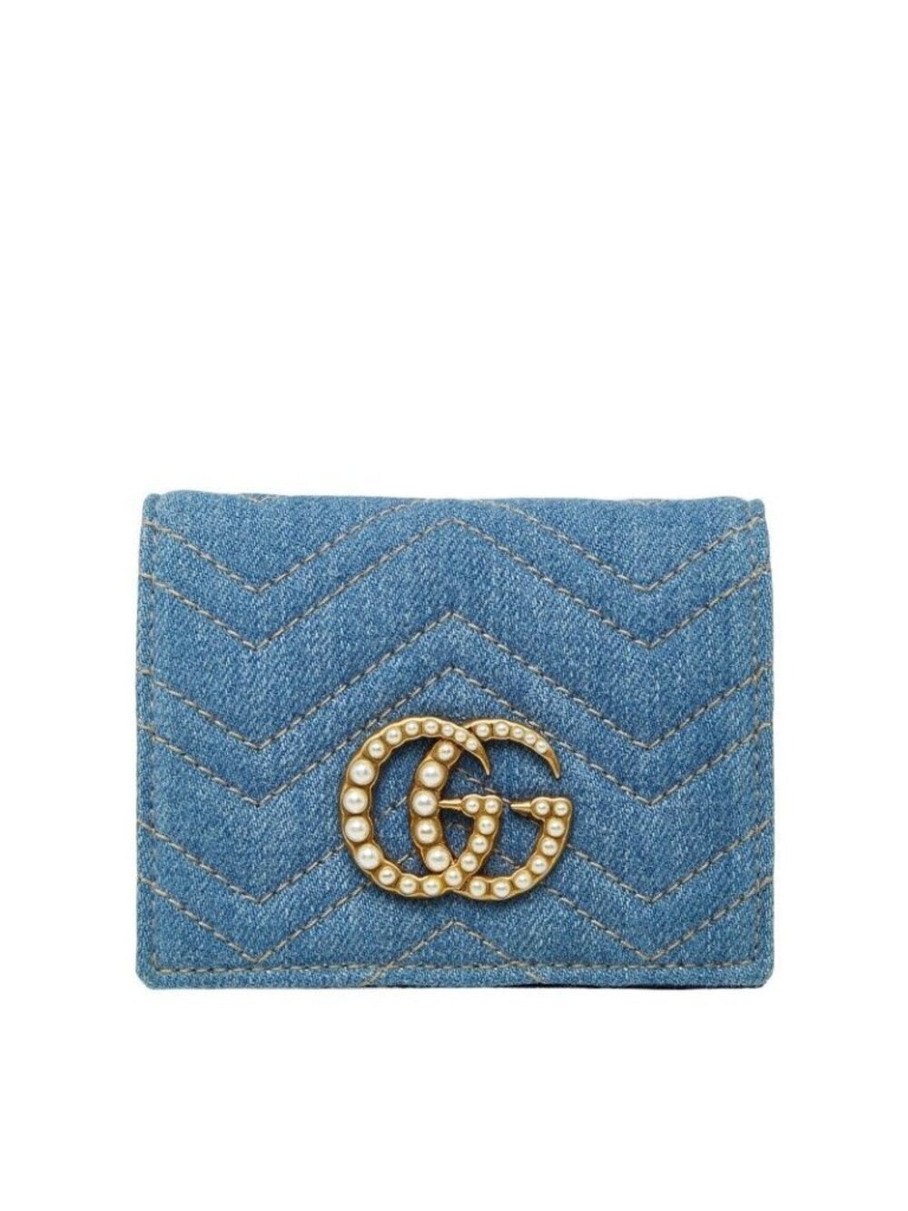 Gucci GG Marmont Bifold Wallet Compact Blue Denim Faux Pearl